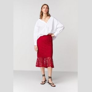 ZARA Red Guipure Lace Pencil Skirt